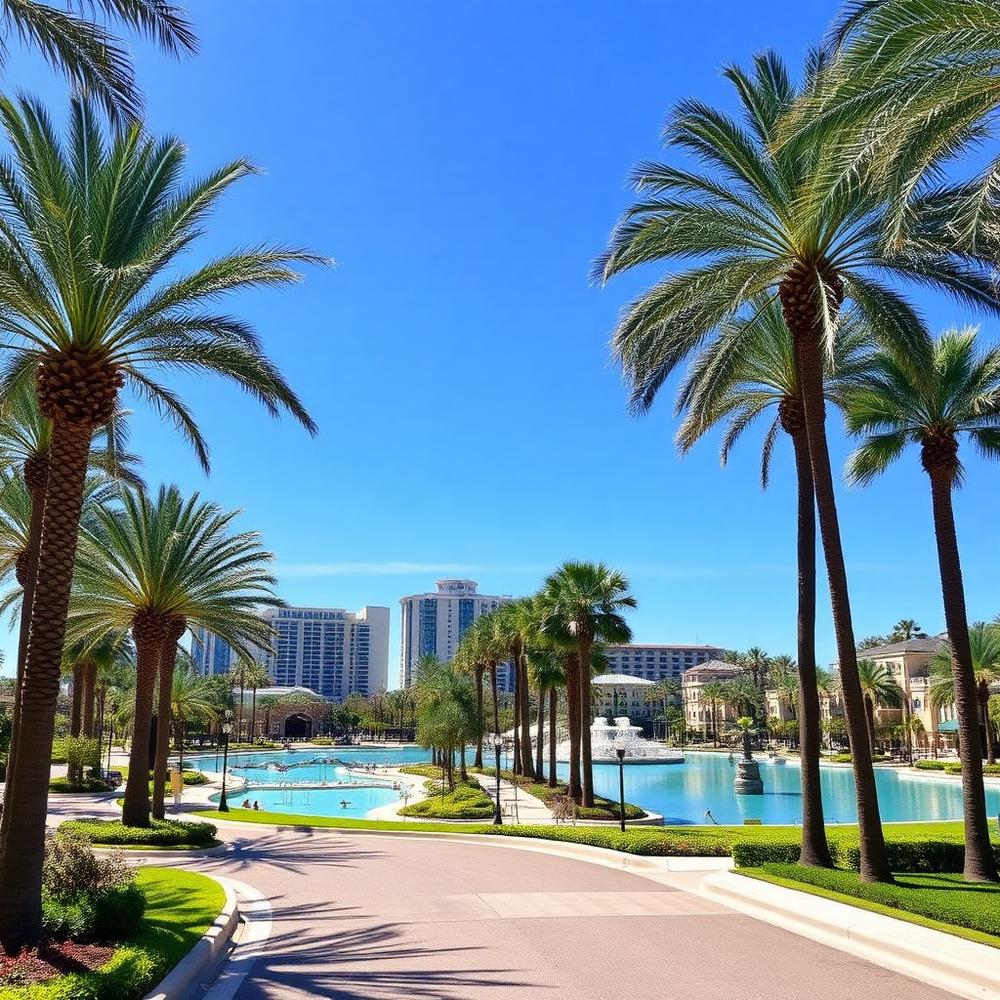 Avenida com palmeiras, lago e hotéis em Orlando, na Flórida