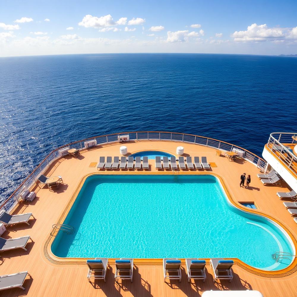 Deck com piscina de um navio de cruzeiro em alto-mar em dia de sol