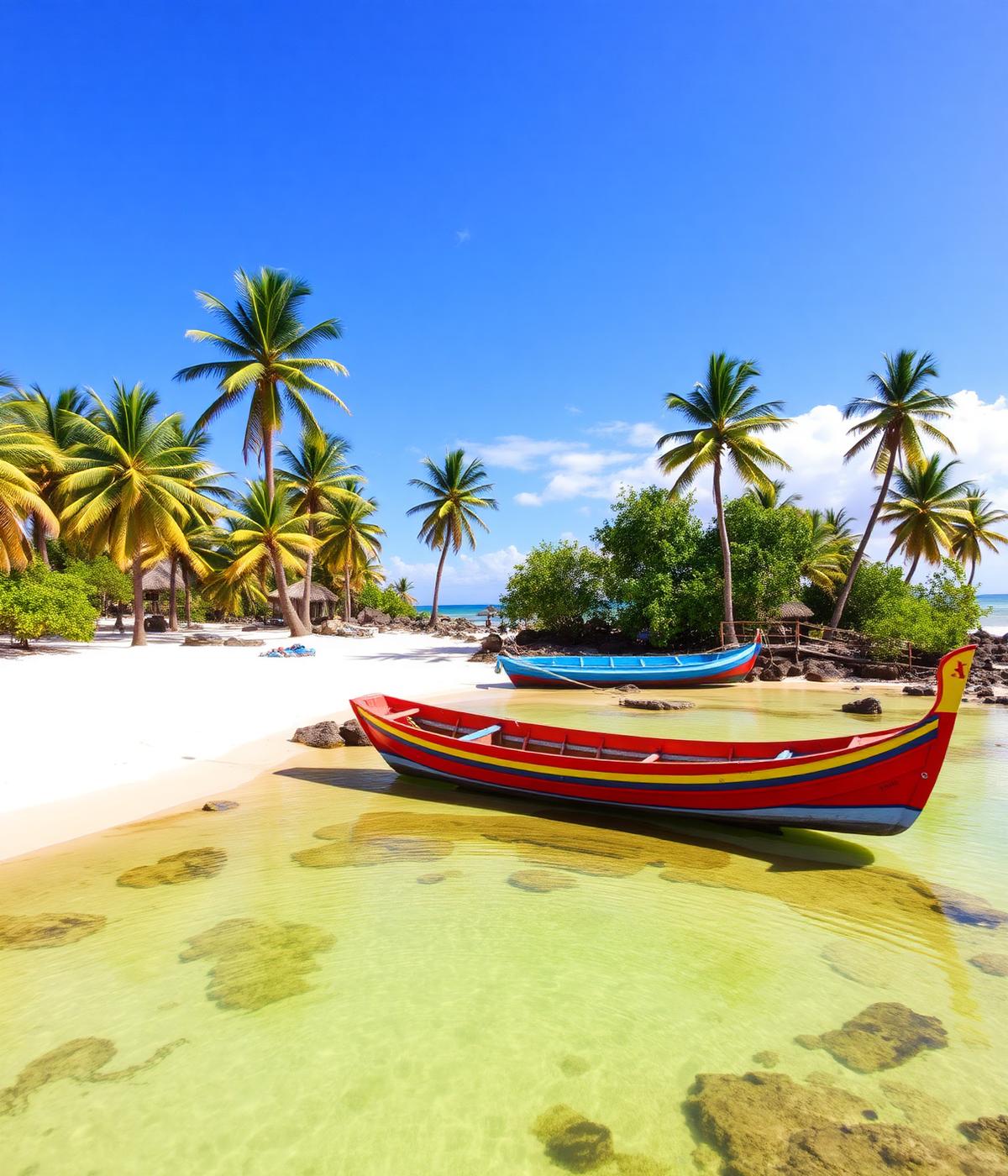 Praia brasileira com coqueiros, areia branca e barcos coloridos em água transparente