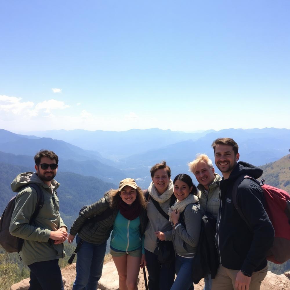 Grupo de viajantes reunido em um mirante com vista para montanhas