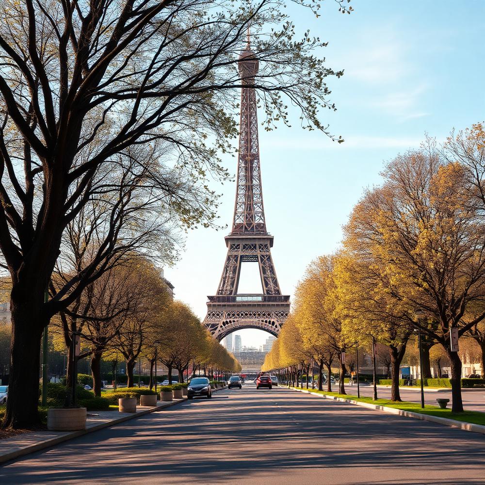 Torre Eiffel vista de uma avenida arborizada em Paris