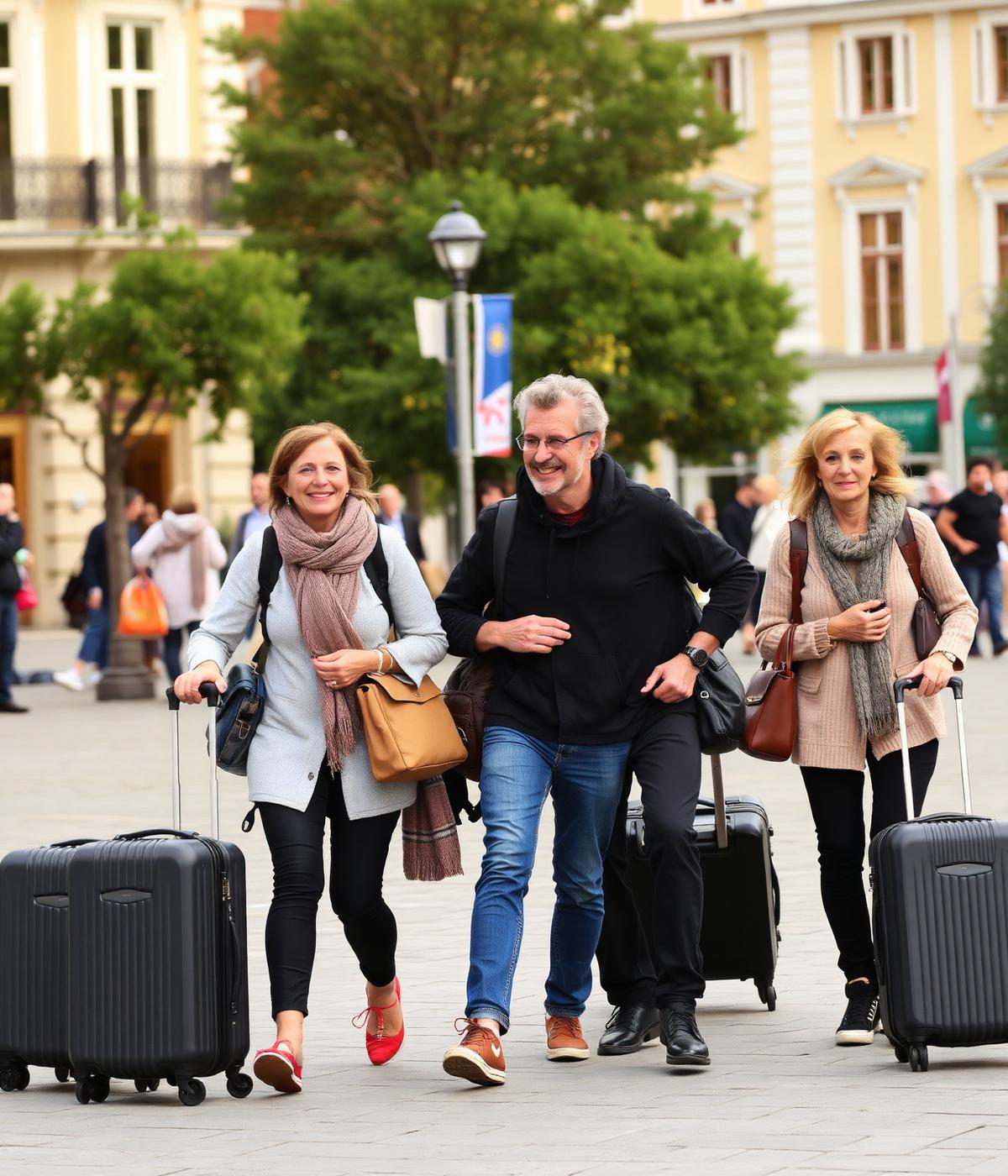 Grupo de viajantes caminhando juntos com malas por uma praça em uma cidade estrangeira