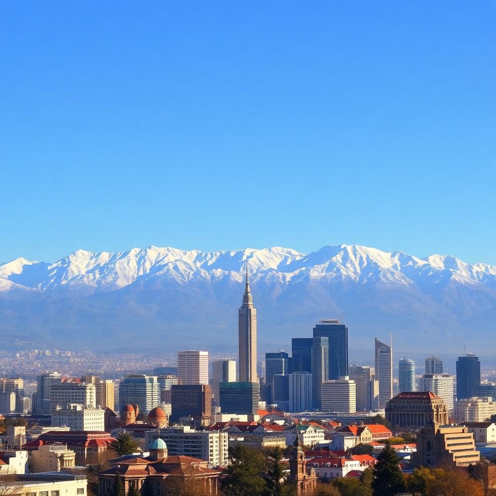 Skyline de Santiago do Chile com a Cordilheira dos Andes nevada ao fundo