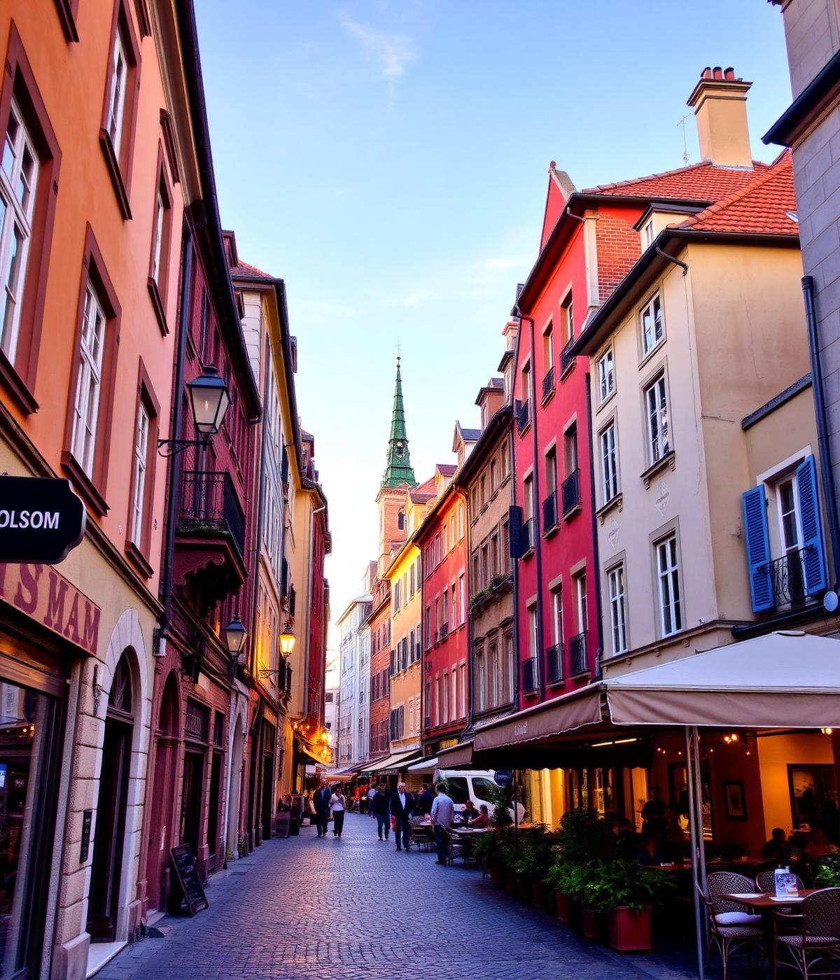 Rua histórica europeia com fachadas coloridas e cafés ao entardecer