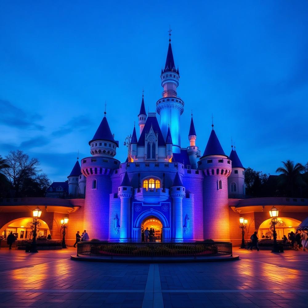 Castelo de parque temático iluminado no fim da tarde
